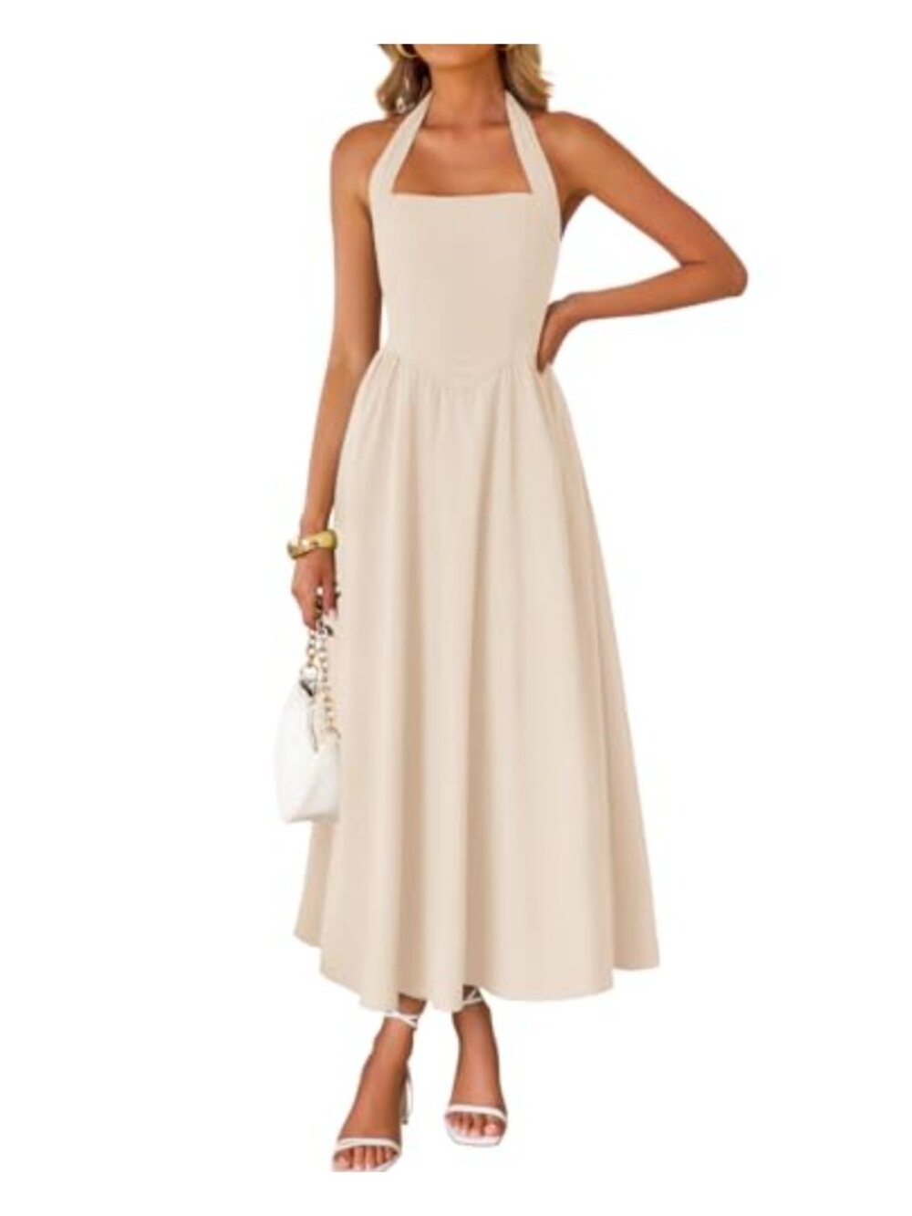 Women's Sleeveless Halter Midi Dress Off Shoulder High Waist A-Line Beach